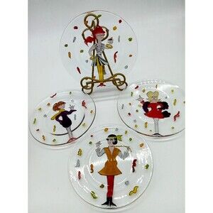 Judie Bomberger 4 Hand Painted Folk Art Party Girls Clear Glass 7.5" Plates